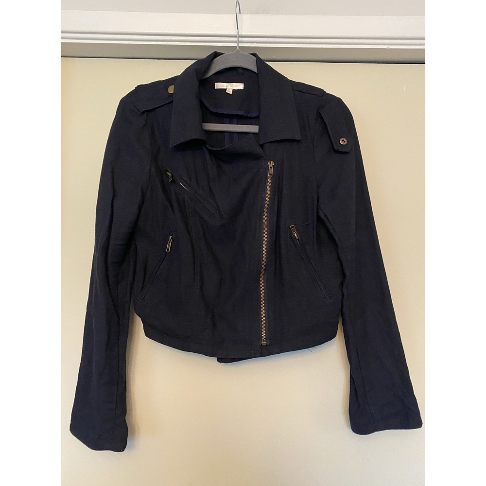 UNDER SKIES‎ Navy Linen Cotton Jacket Blazer Moto Design Asymmetric Zipper  Sz S